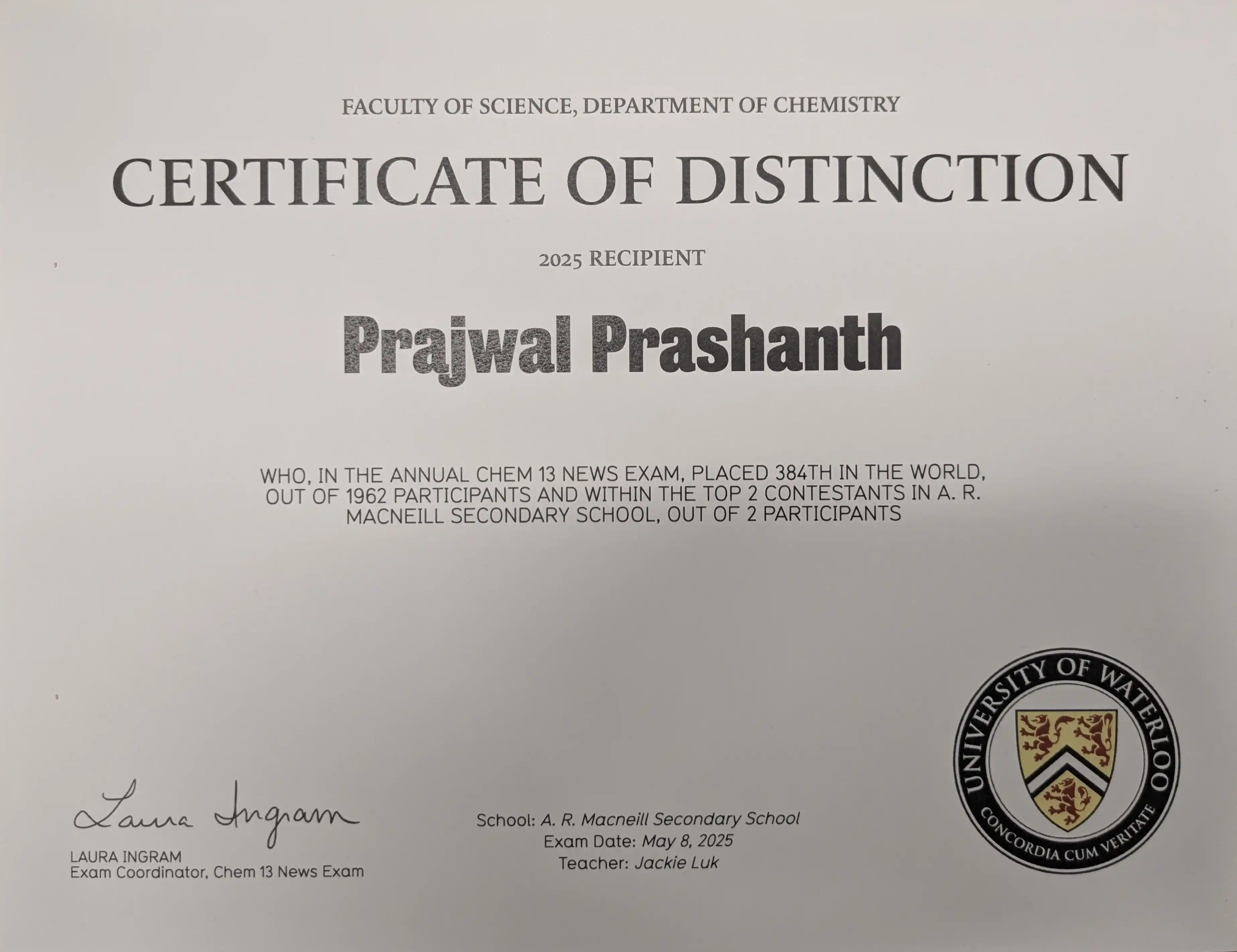 Chem 13 News Distinction Certificate