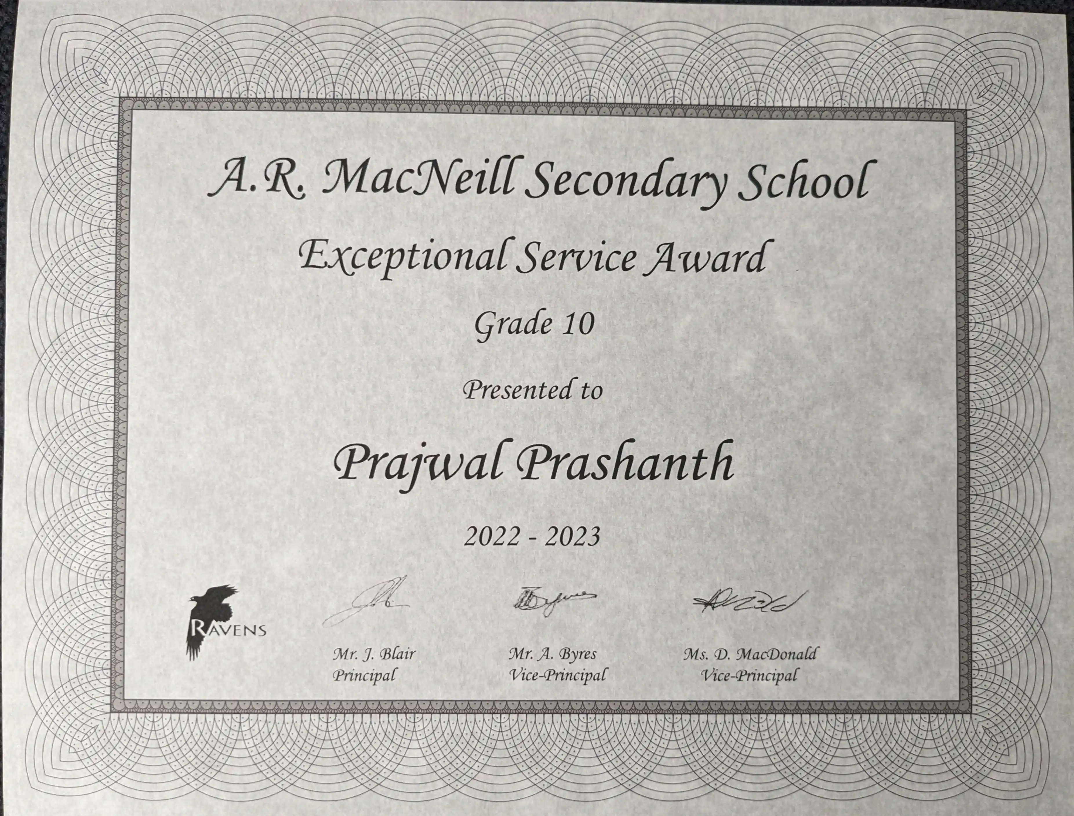 Exceptional Service Award Certificate
