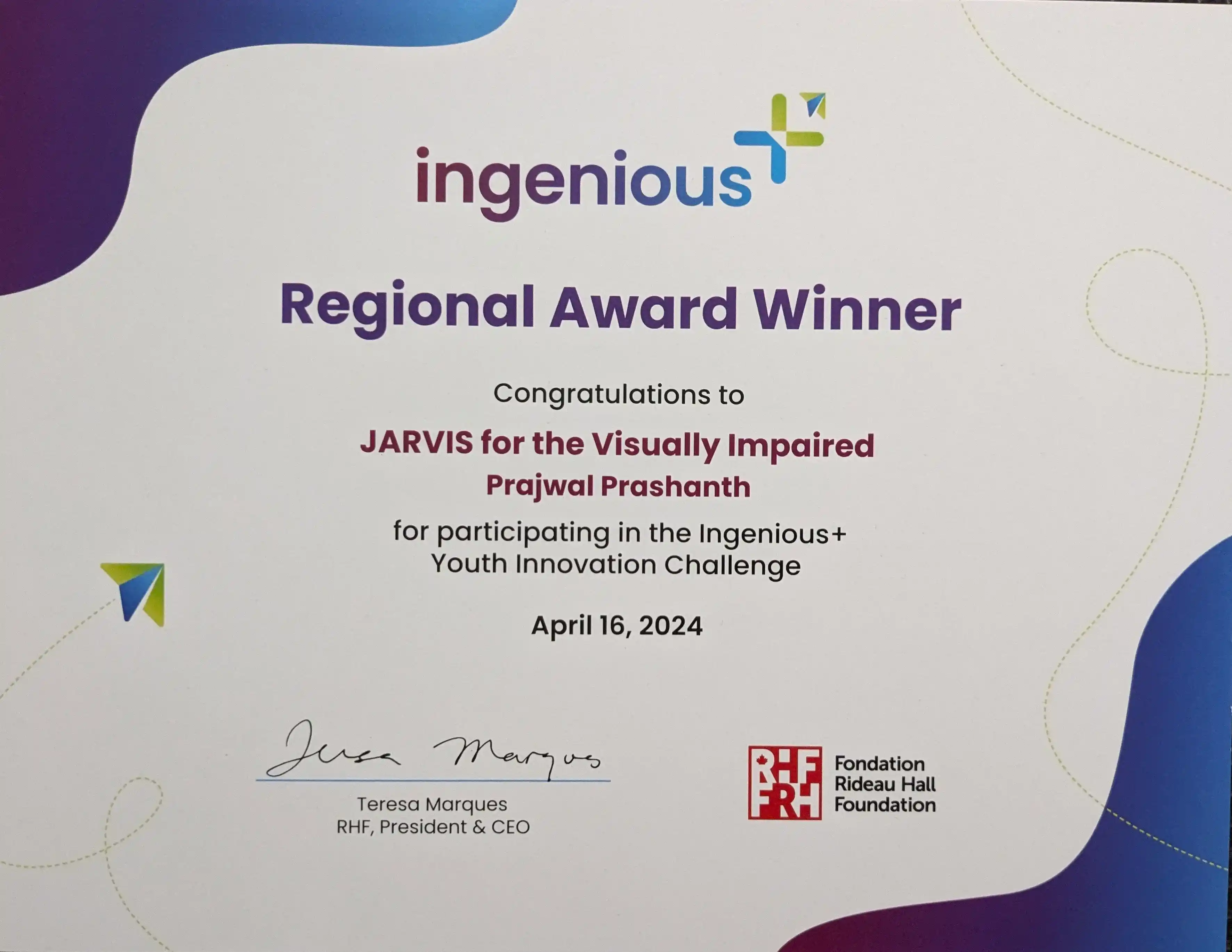 Ingenious+ Regional Award Certificate