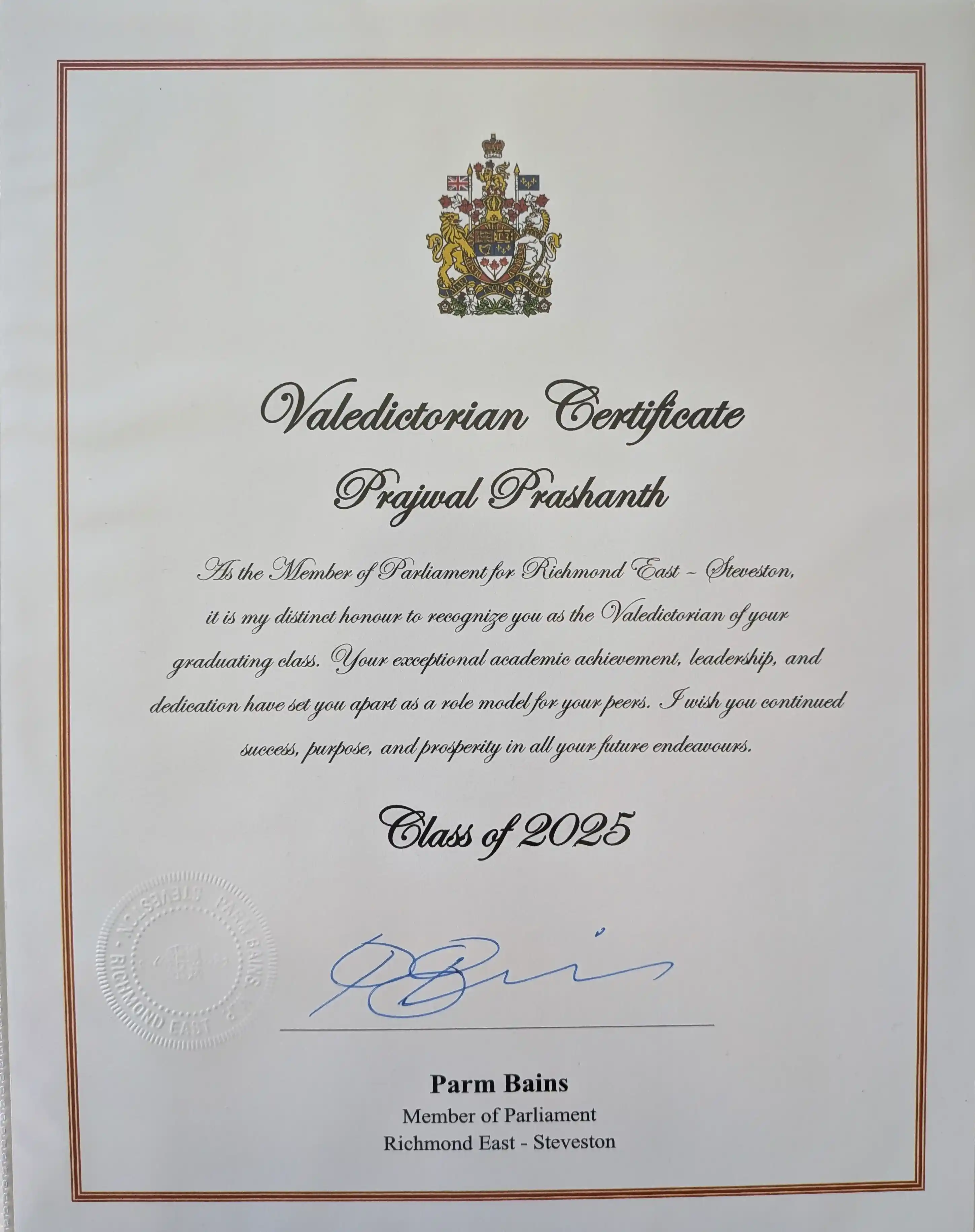 Certificate from MP