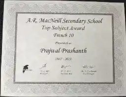 Top French 10 Award Certificate