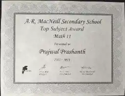 Top Math 11 (Gr.10) Award Certificate