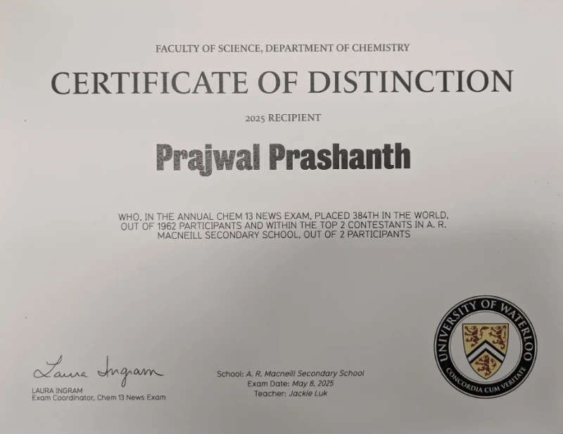 Chem 13 News Distinction Certificate