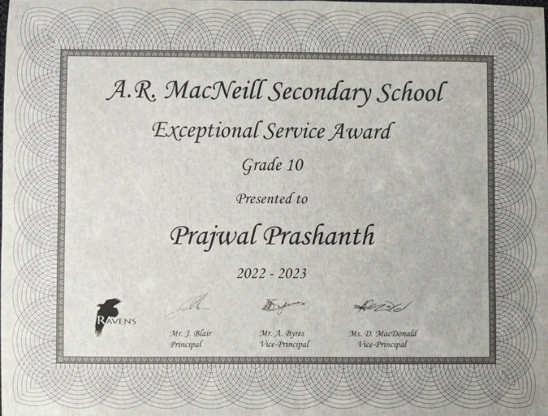 Exceptional Service Award Certificate