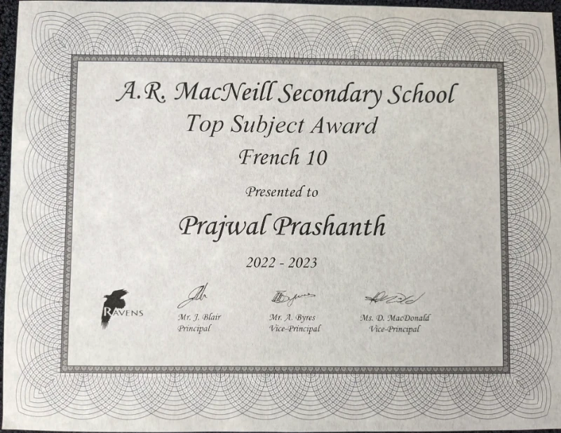 Top French 10 Award Certificate