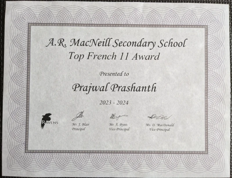 Top French 11 Award Certificate