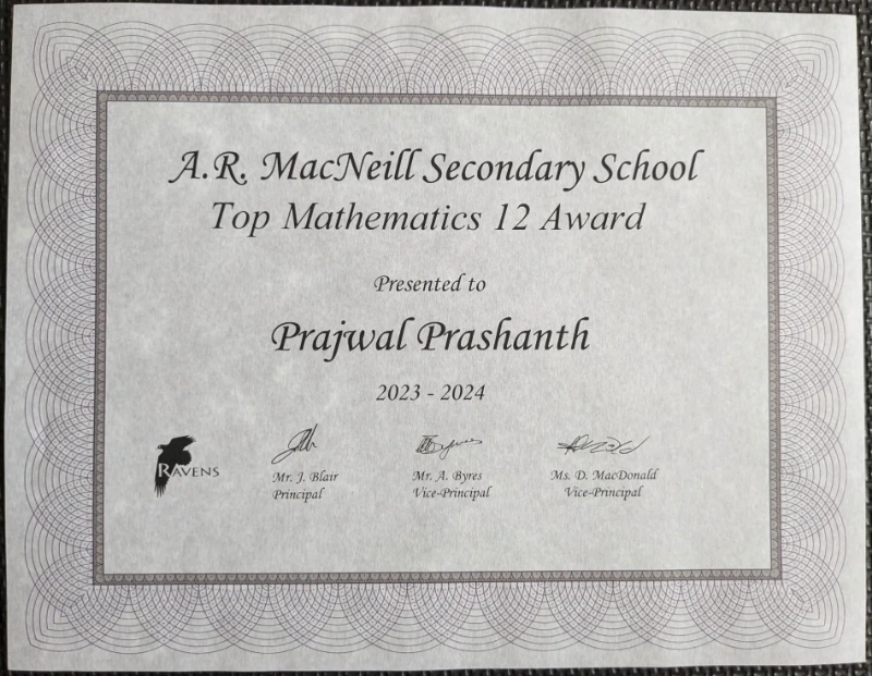 Top Math 12 (Gr.11) Award Certificate