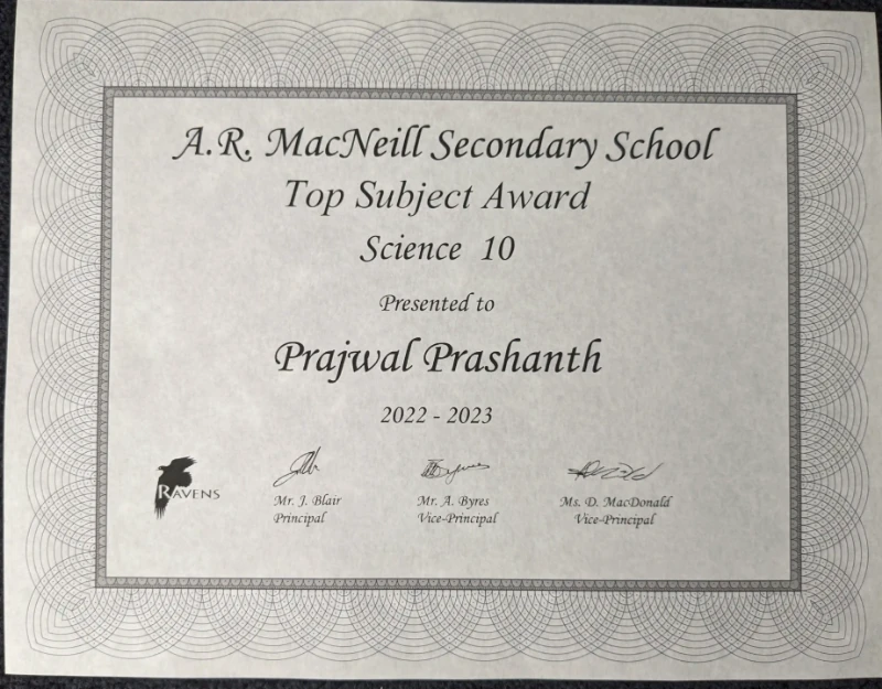 Top Science 10 Award Certificate