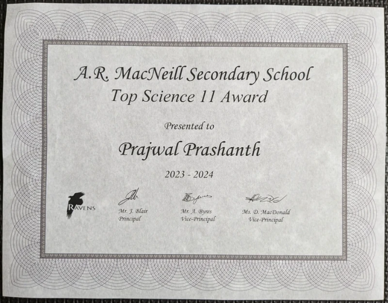 Top Science 11 Award Certificate