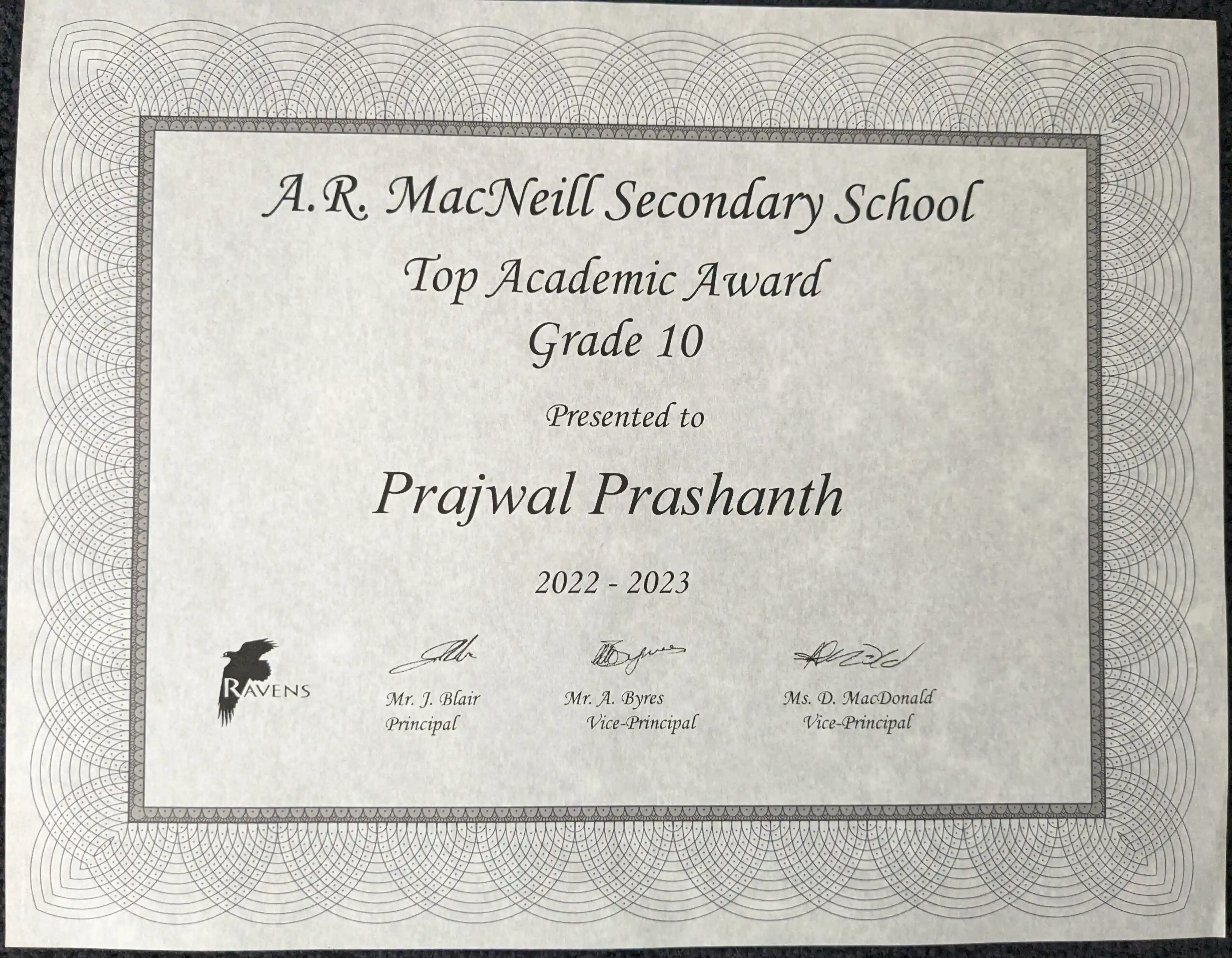 Top Academic Award Certificate