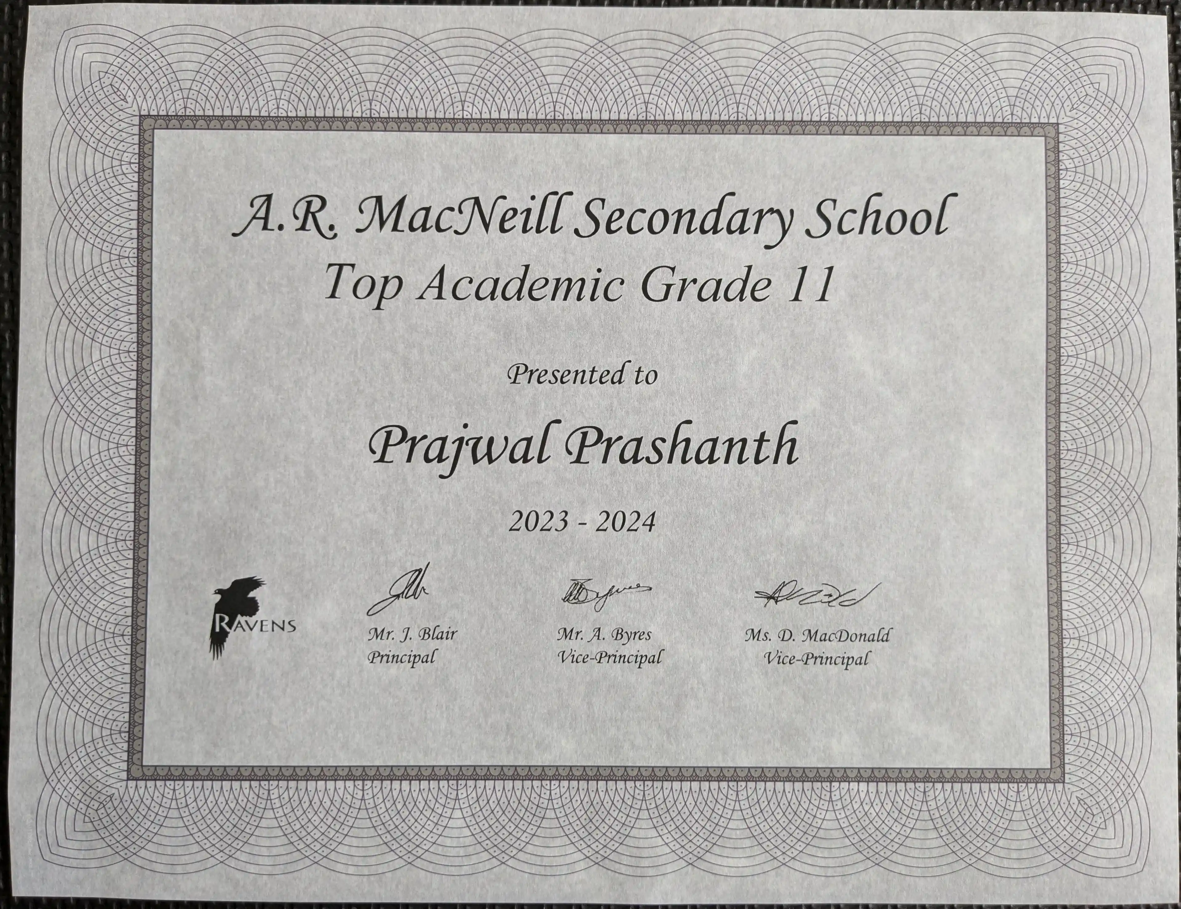 Top Academic Award Certificate