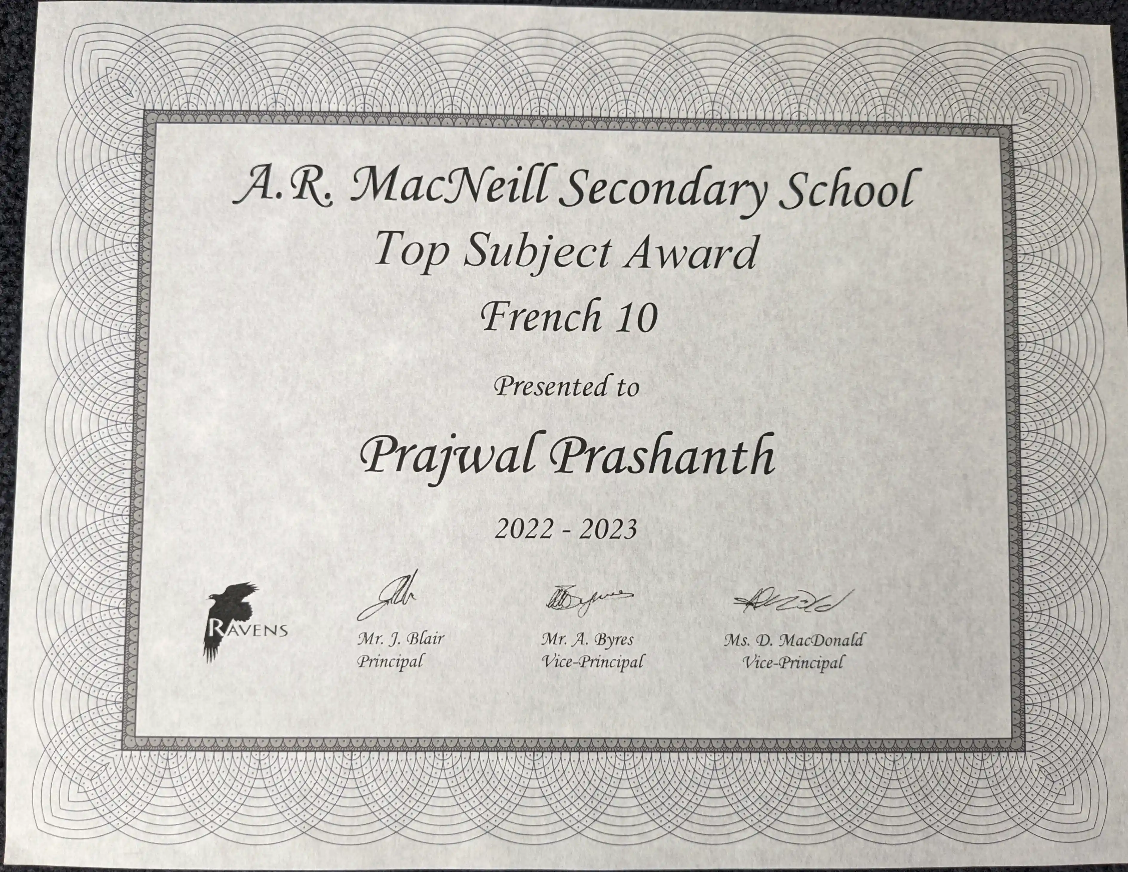 Top French 10 Award Certificate