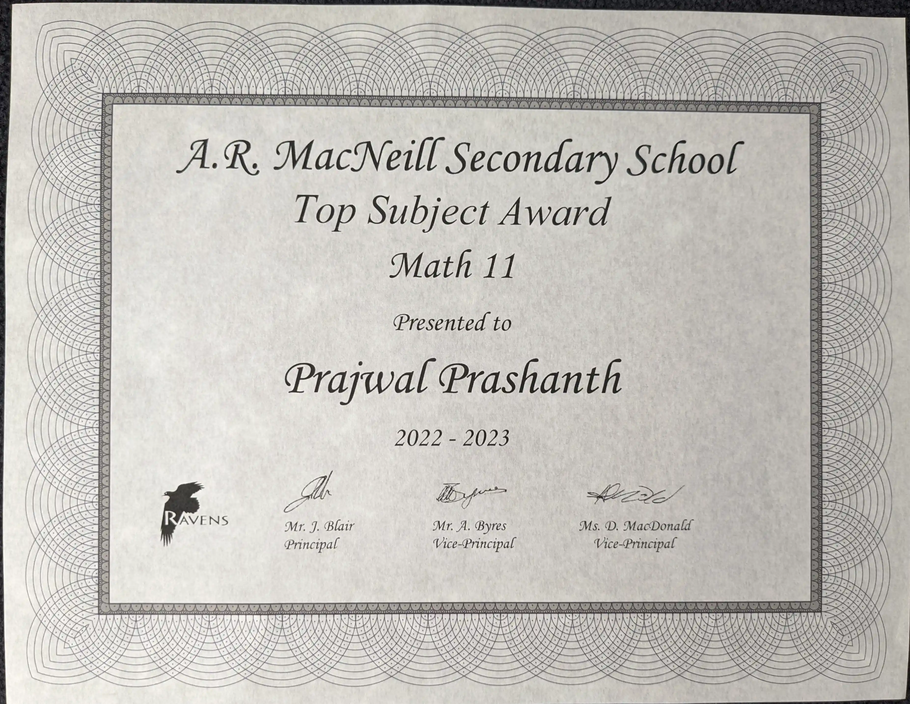 Top Math 11 (Gr.10) Award Certificate