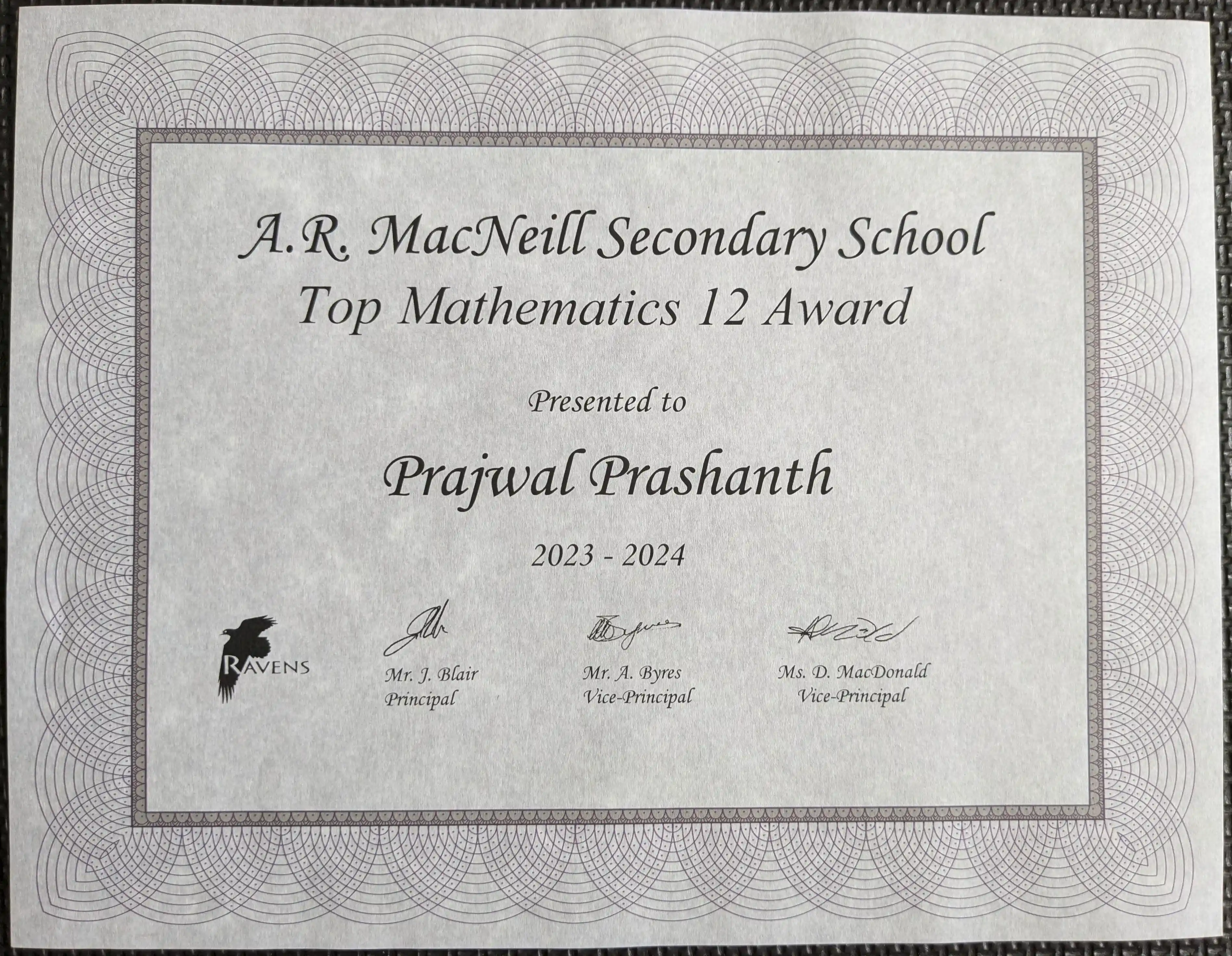 Top Math 12 (Gr.11) Award Certificate