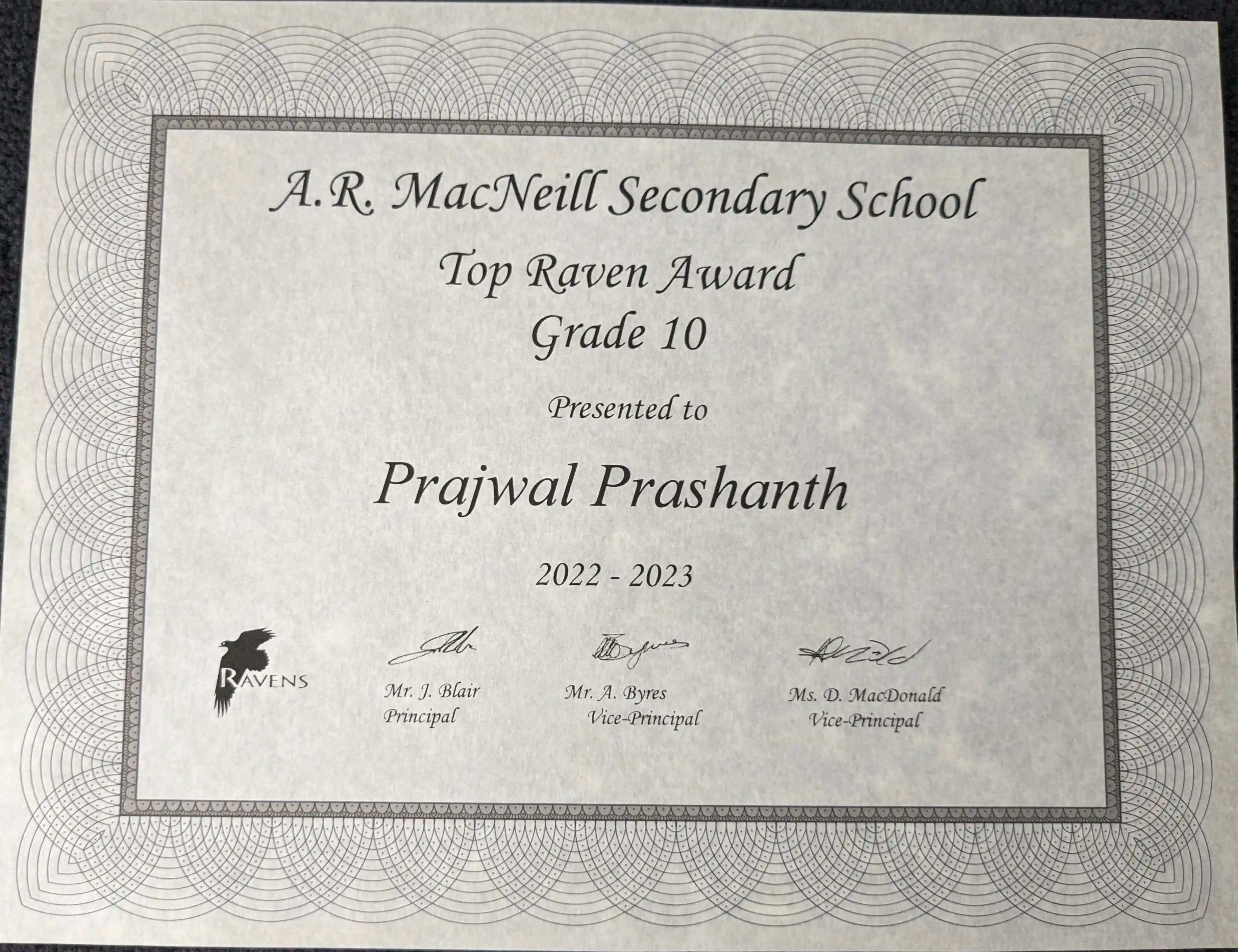 Top Raven Award Certificate