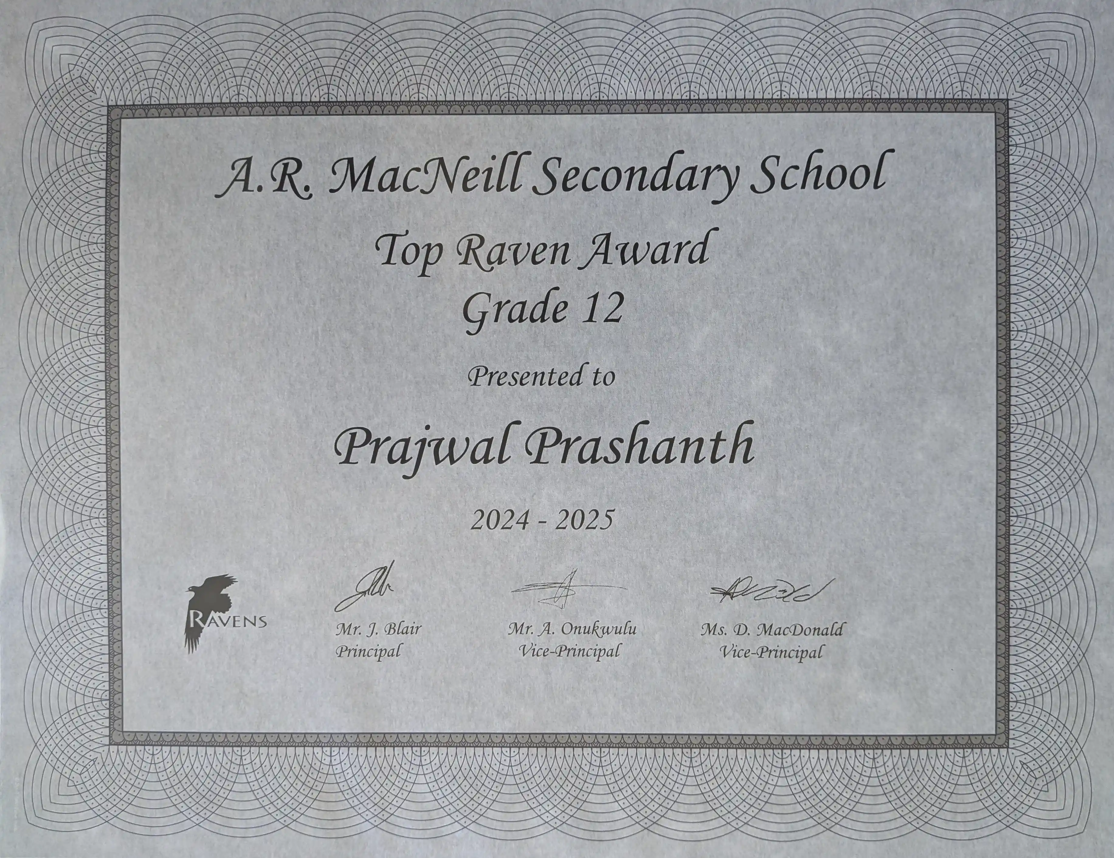 Top Raven Award Certificate