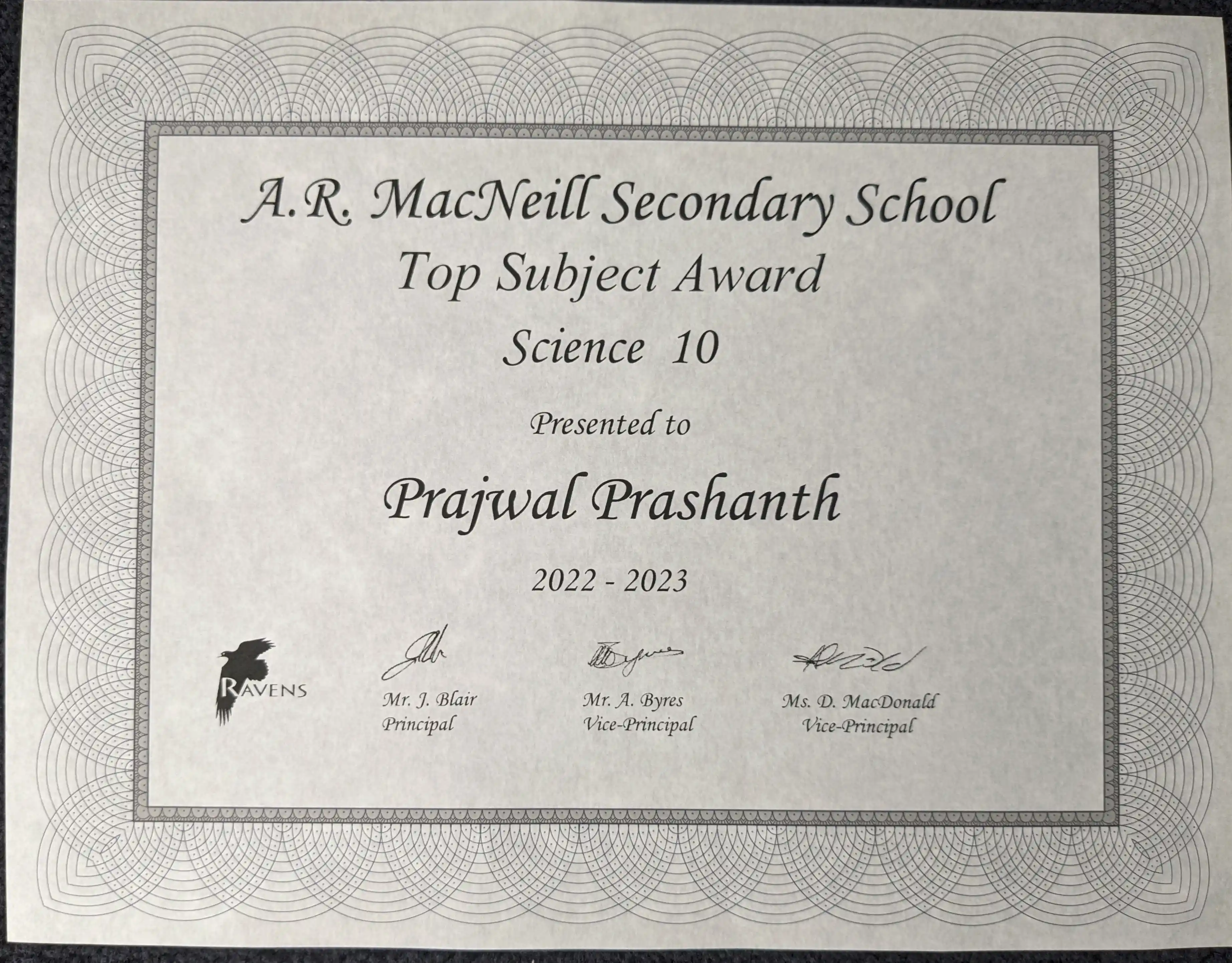 Top Science 10 Award Certificate