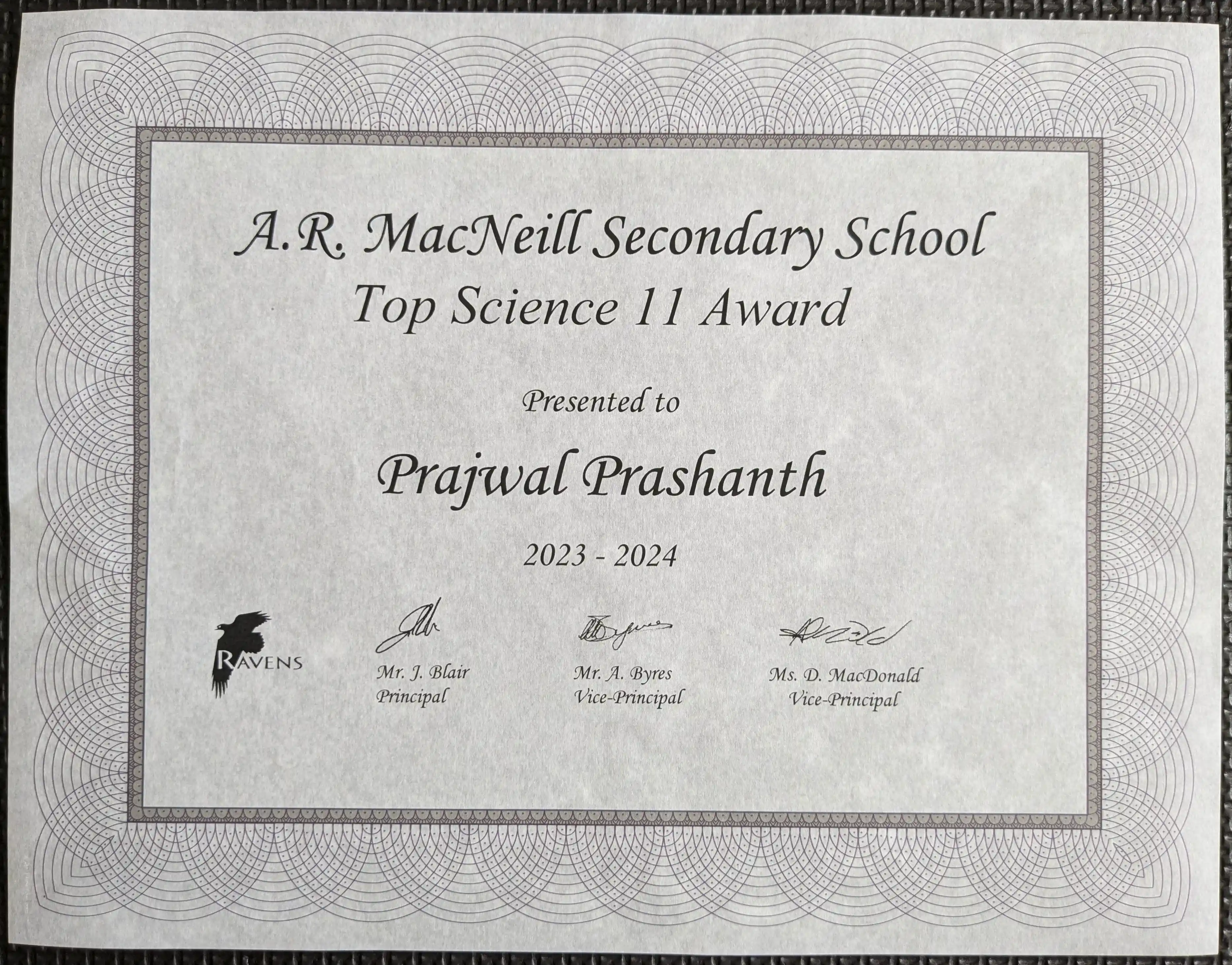 Top Science 11 Award Certificate