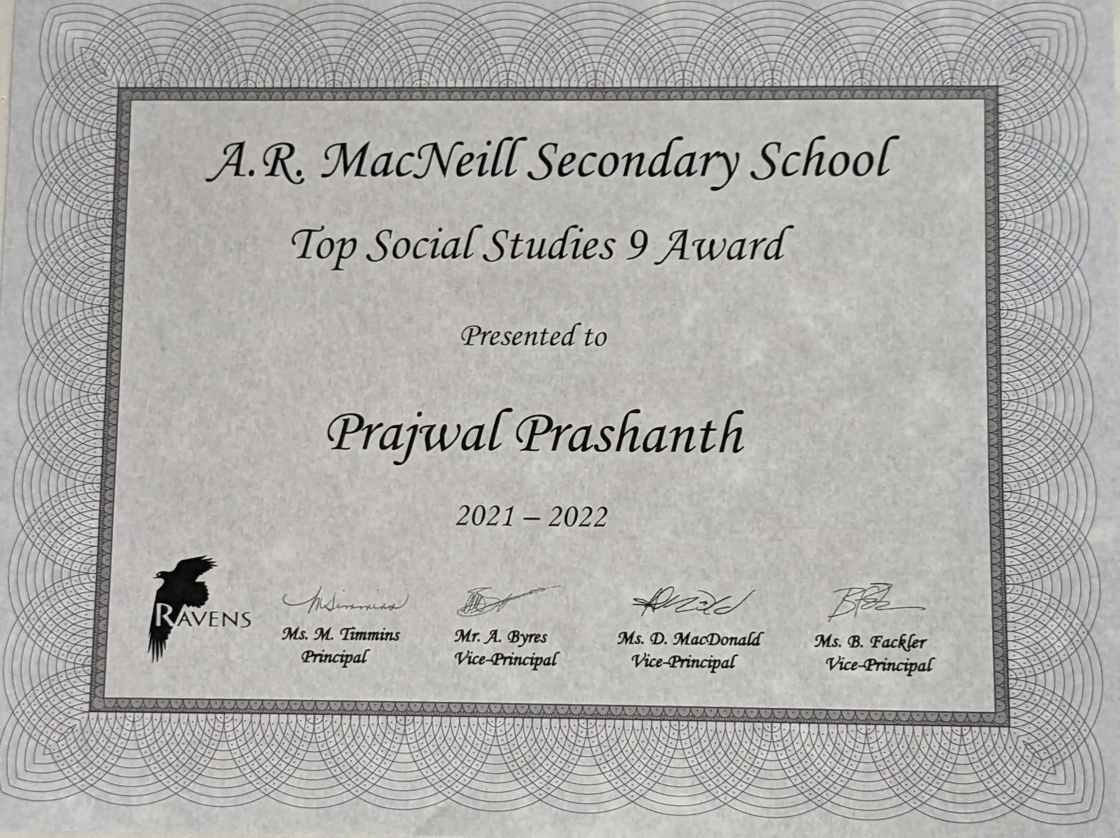 Top Social Studies 9 Award Certificate